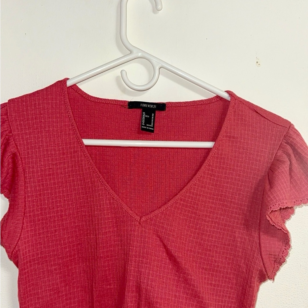 Forever 21 Red Textured V-Neck Blouse